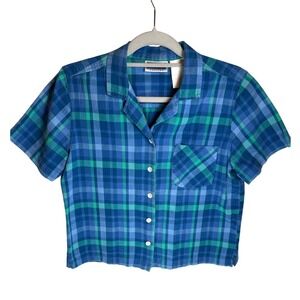 PETITES M FLANNEL Blue Green Plaid Button Up Short Sleeve Shirt Women RETRO VTG!